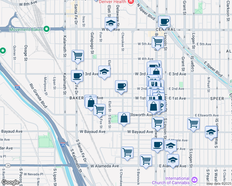 map of restaurants, bars, coffee shops, grocery stores, and more near 309 West 1st Avenue in Denver