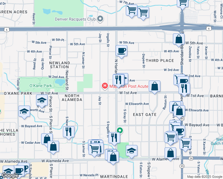 map of restaurants, bars, coffee shops, grocery stores, and more near 6000 West 1st Avenue in Lakewood