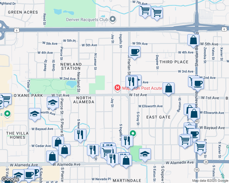 map of restaurants, bars, coffee shops, grocery stores, and more near in Lakewood