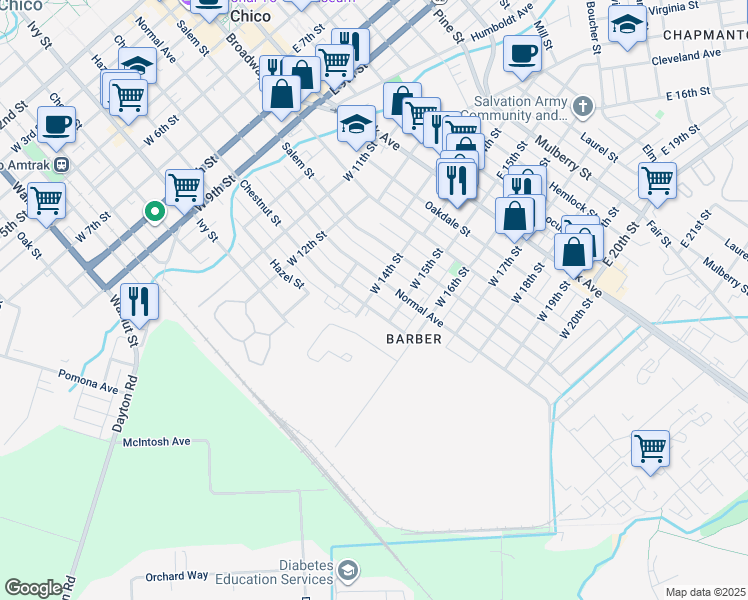 map of restaurants, bars, coffee shops, grocery stores, and more near 1406 Chestnut Street in Chico