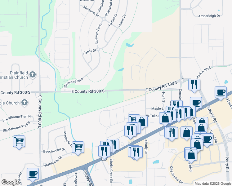 map of restaurants, bars, coffee shops, grocery stores, and more near 2363 Township Line Road in Plainfield