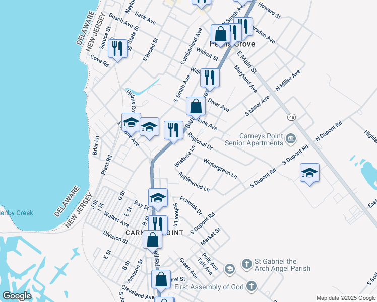 map of restaurants, bars, coffee shops, grocery stores, and more near 100 Wisteria Lane in Penns Grove