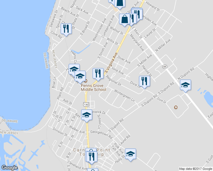 map of restaurants, bars, coffee shops, grocery stores, and more near 100 Wisteria Lane in Penns Grove