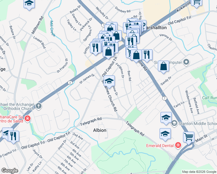 map of restaurants, bars, coffee shops, grocery stores, and more near 2109 Saint James Church Road in Wilmington