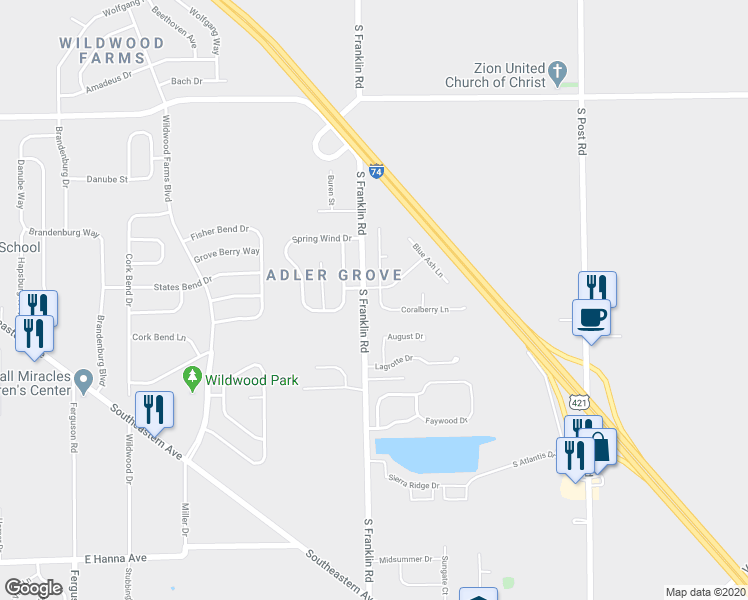 map of restaurants, bars, coffee shops, grocery stores, and more near 3416 Tupelo Drive in Indianapolis