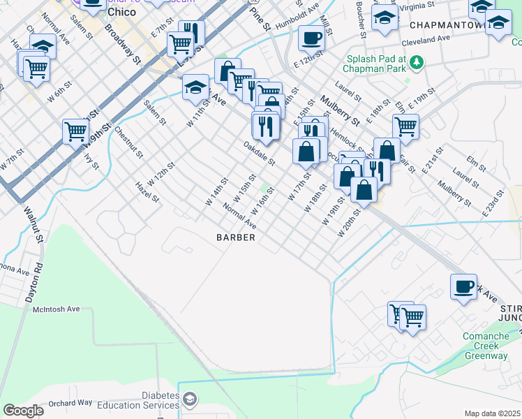 map of restaurants, bars, coffee shops, grocery stores, and more near 305 West 16th Street in Chico