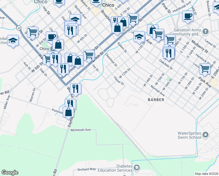 map of restaurants, bars, coffee shops, grocery stores, and more near 1200 Ivy Street in Chico