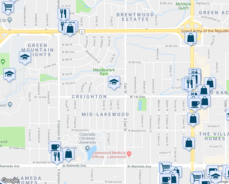map of restaurants, bars, coffee shops, grocery stores, and more near 8425 West 1st Avenue in Lakewood