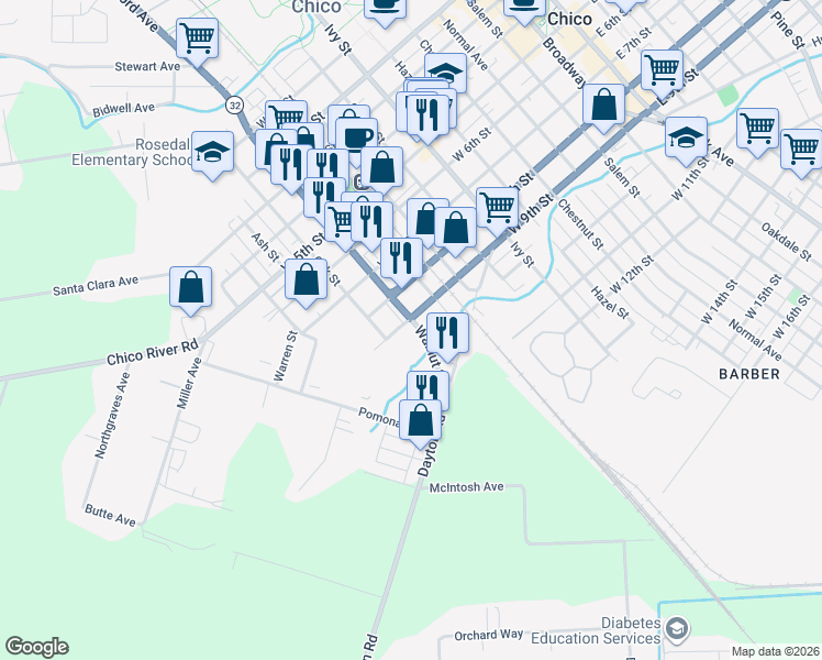 map of restaurants, bars, coffee shops, grocery stores, and more near 940 Walnut Street in Chico