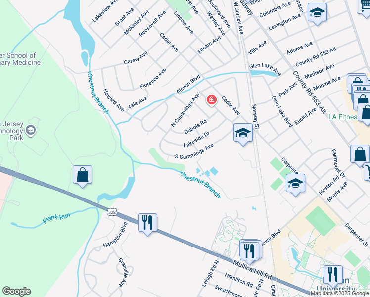 map of restaurants, bars, coffee shops, grocery stores, and more near 204 Lakeside Drive in Glassboro