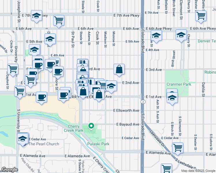 map of restaurants, bars, coffee shops, grocery stores, and more near 180 Madison Street in Denver