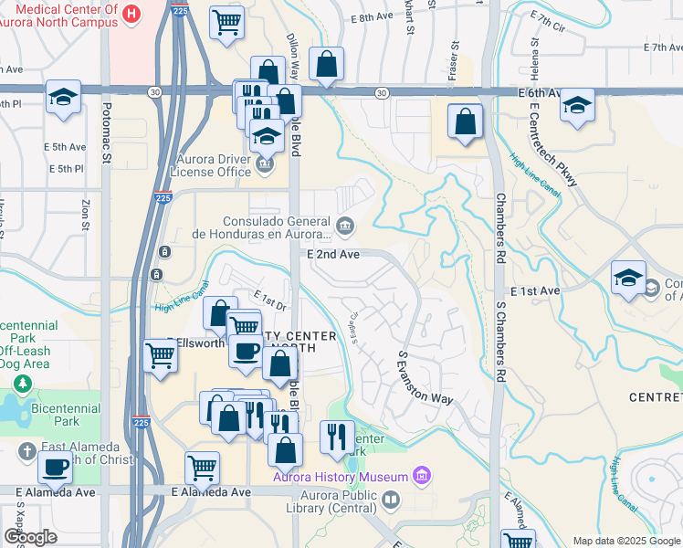 map of restaurants, bars, coffee shops, grocery stores, and more near 14652 East 2nd Avenue in Aurora