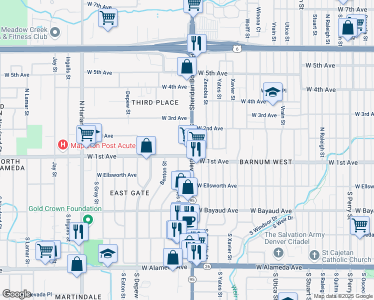 map of restaurants, bars, coffee shops, grocery stores, and more near in Lakewood