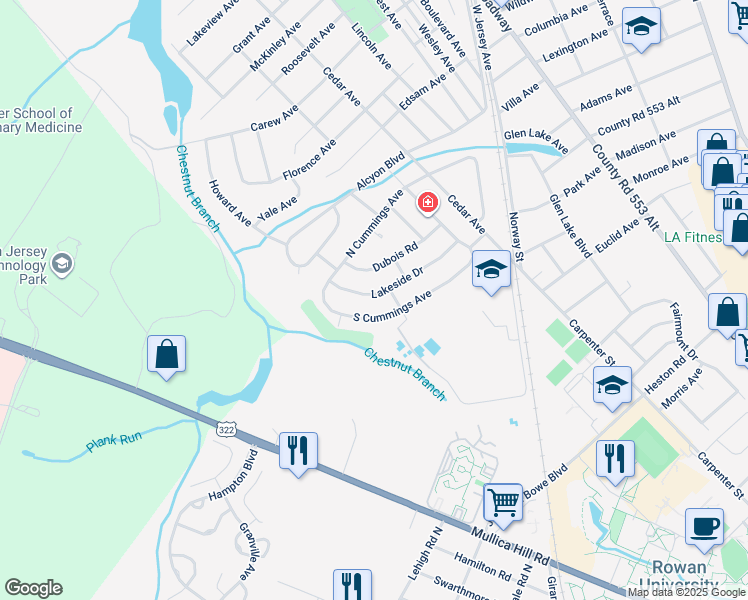 map of restaurants, bars, coffee shops, grocery stores, and more near 204 Lakeside Drive in Glassboro