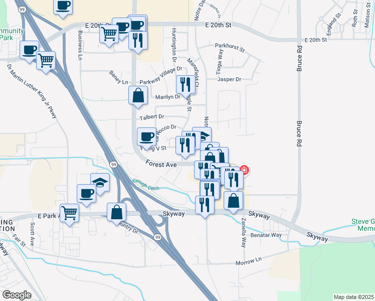 map of restaurants, bars, coffee shops, grocery stores, and more near 2315 Bar Triangle Street in Chico