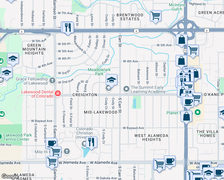 map of restaurants, bars, coffee shops, grocery stores, and more near 8425 West 1st Avenue in Lakewood