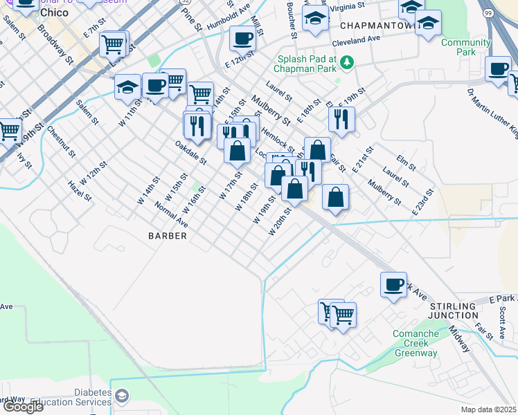 map of restaurants, bars, coffee shops, grocery stores, and more near 132 West 19th Street in Chico
