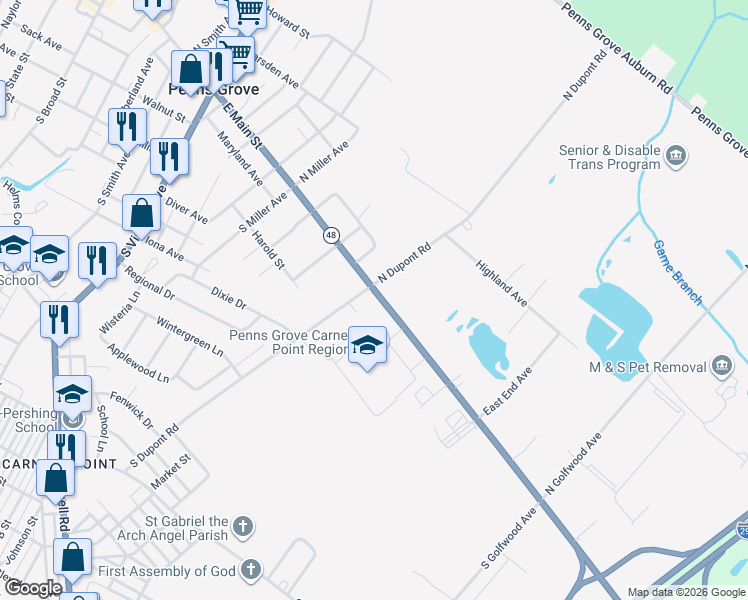map of restaurants, bars, coffee shops, grocery stores, and more near 11 South Dupont Road in Penns Grove