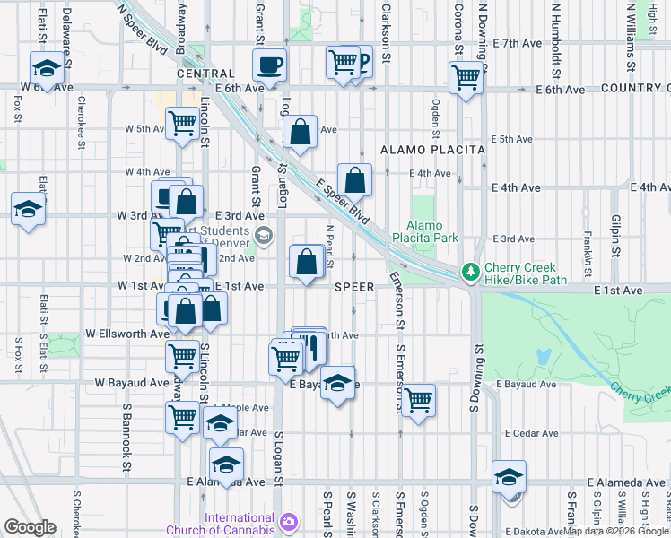 map of restaurants, bars, coffee shops, grocery stores, and more near 103 Pearl Street in Denver