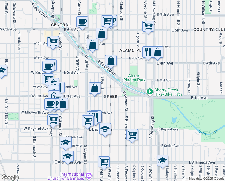 map of restaurants, bars, coffee shops, grocery stores, and more near 703 East 1st Avenue in Denver