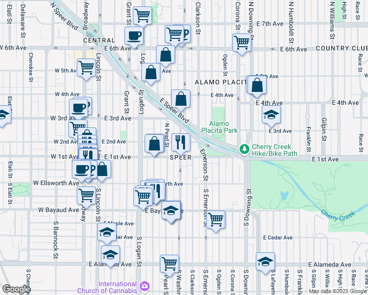 map of restaurants, bars, coffee shops, grocery stores, and more near 136 North Washington Street in Denver