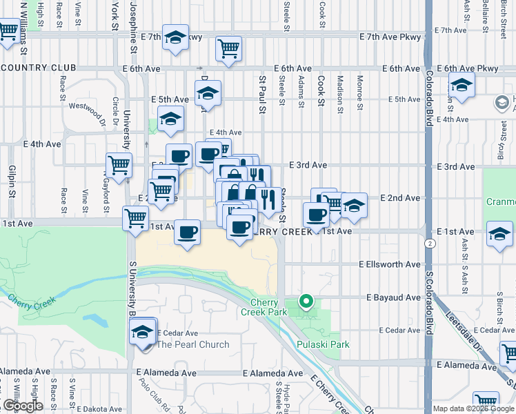 map of restaurants, bars, coffee shops, grocery stores, and more near 165 Saint Paul Street in Denver