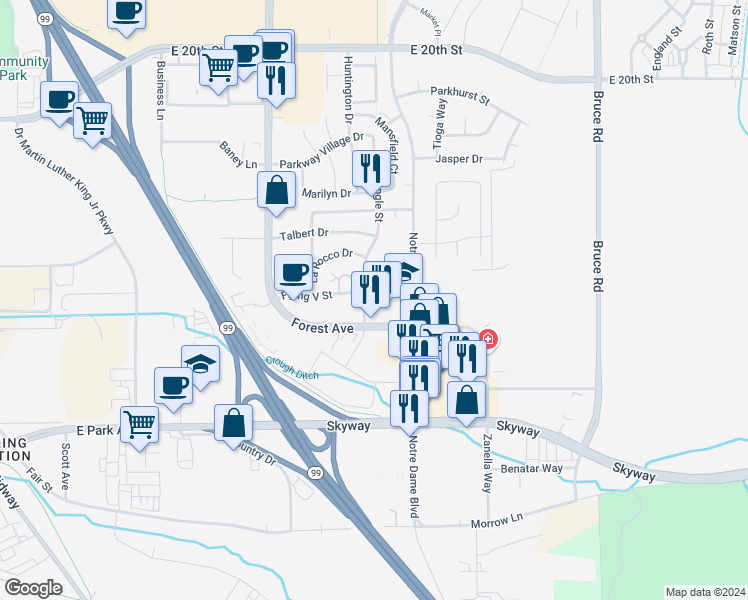map of restaurants, bars, coffee shops, grocery stores, and more near 2315 Bar Triangle Street in Chico