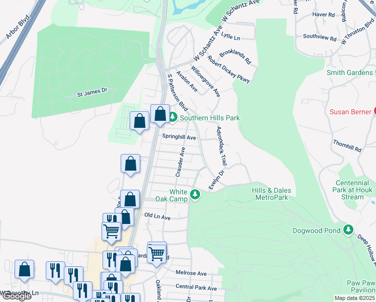 map of restaurants, bars, coffee shops, grocery stores, and more near 1485 Bowman Avenue in Kettering