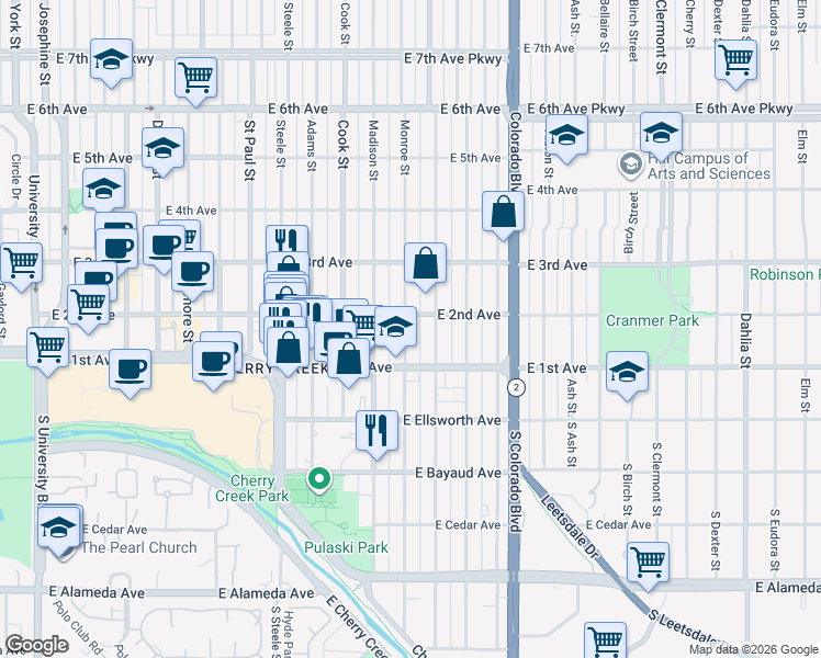 map of restaurants, bars, coffee shops, grocery stores, and more near in Denver