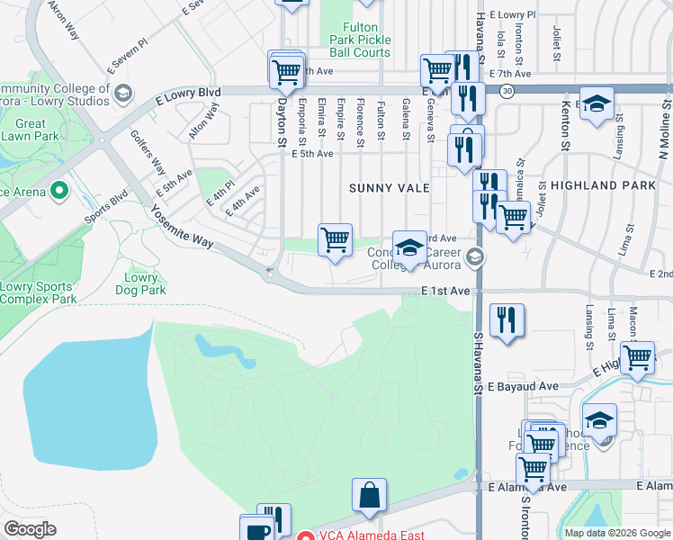 map of restaurants, bars, coffee shops, grocery stores, and more near 9953 East 1st Avenue in Aurora