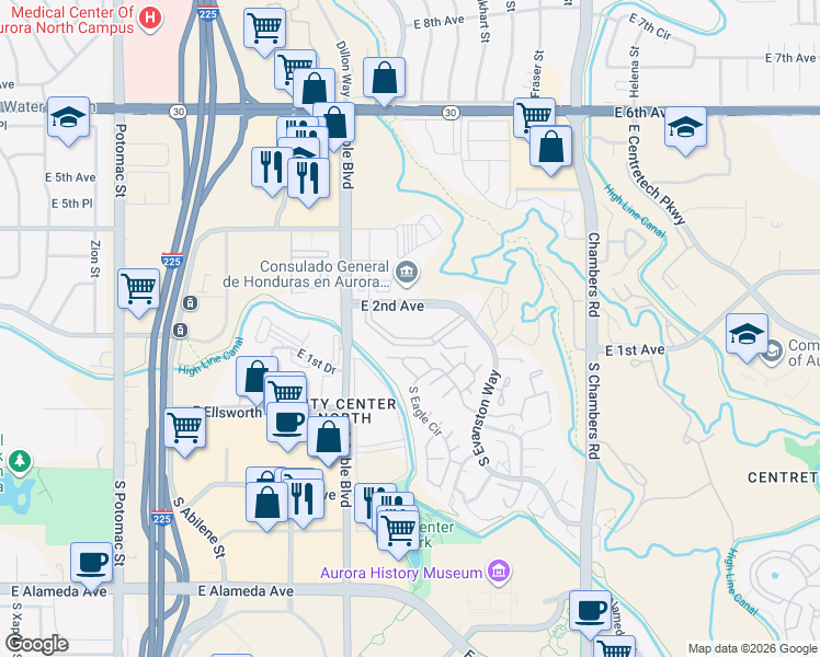 map of restaurants, bars, coffee shops, grocery stores, and more near 101 South Eagle Circle in Aurora