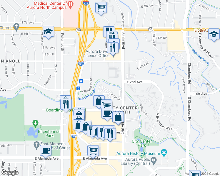 map of restaurants, bars, coffee shops, grocery stores, and more near 14353 East 1st Drive in Aurora