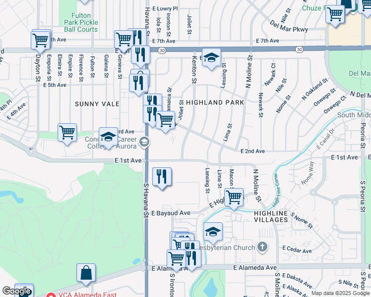 map of restaurants, bars, coffee shops, grocery stores, and more near 101 Kenton Street in Aurora