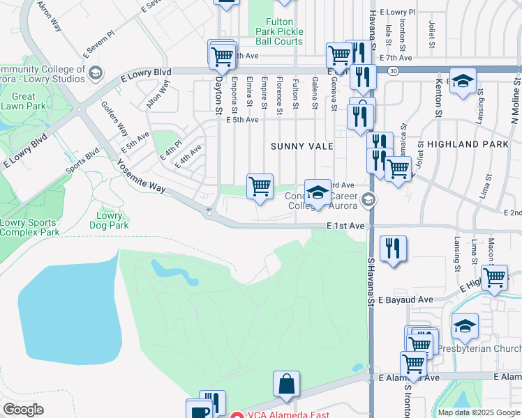 map of restaurants, bars, coffee shops, grocery stores, and more near 9953 East 1st Avenue in Aurora