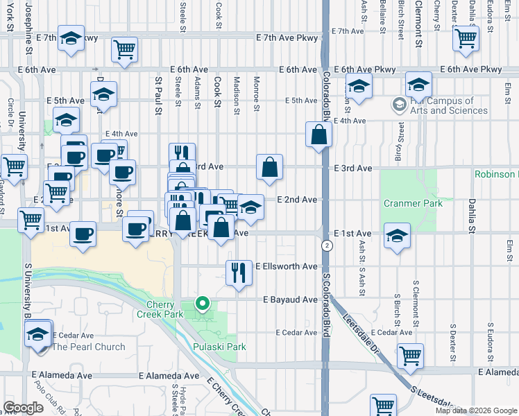 map of restaurants, bars, coffee shops, grocery stores, and more near in Denver