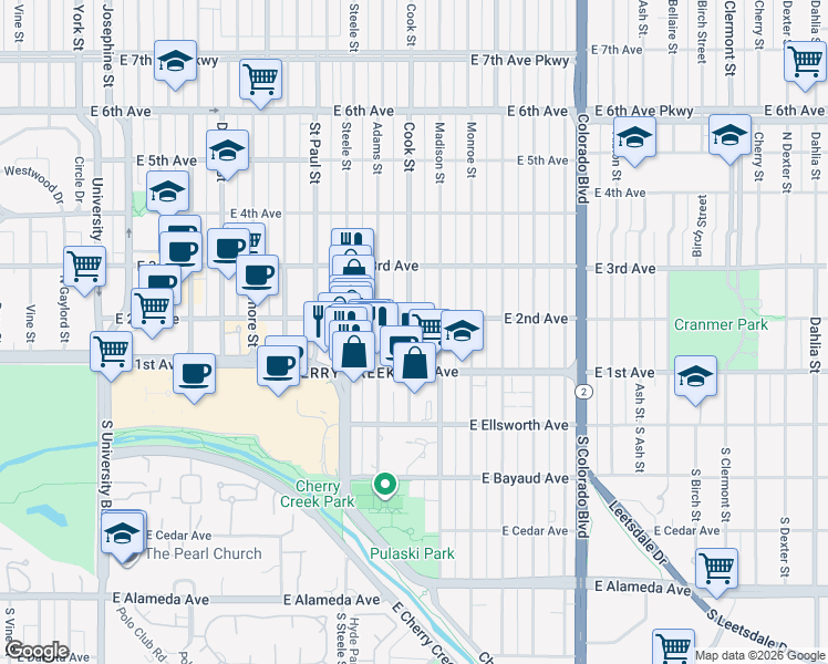 map of restaurants, bars, coffee shops, grocery stores, and more near 121 Cook Street in Denver