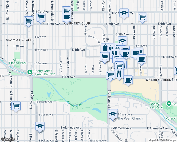 map of restaurants, bars, coffee shops, grocery stores, and more near 101 Vine Street in Denver