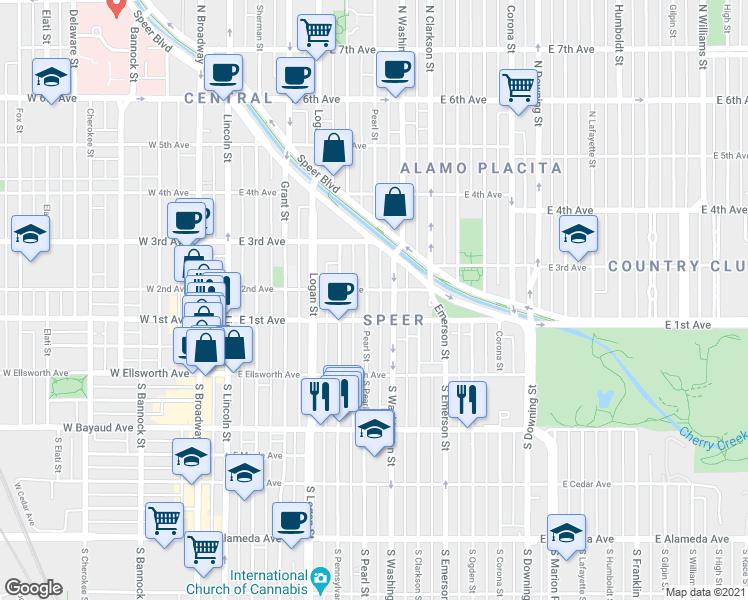 map of restaurants, bars, coffee shops, grocery stores, and more near 103 Pearl Street in Denver