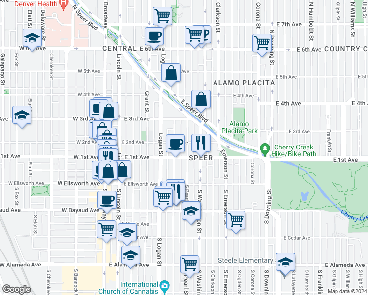 map of restaurants, bars, coffee shops, grocery stores, and more near 103 Pearl Street in Denver