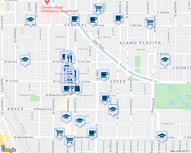 map of restaurants, bars, coffee shops, grocery stores, and more near 104 Grant Street in Denver