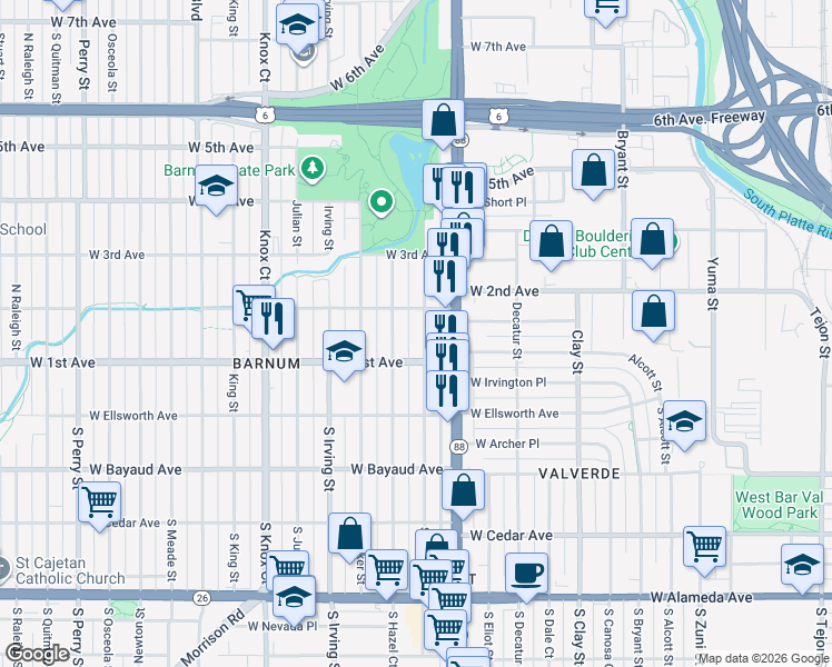 map of restaurants, bars, coffee shops, grocery stores, and more near 118 Hazel Court in Denver