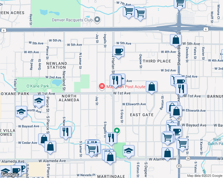 map of restaurants, bars, coffee shops, grocery stores, and more near 6000 West 1st Avenue in Lakewood