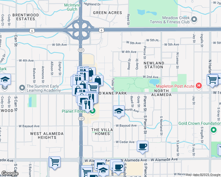 map of restaurants, bars, coffee shops, grocery stores, and more near in Lakewood