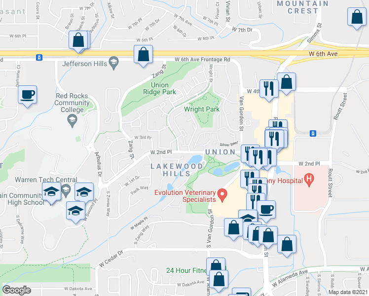 map of restaurants, bars, coffee shops, grocery stores, and more near 12464 West 2nd Drive in Lakewood