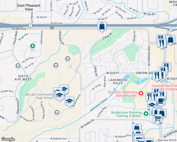 map of restaurants, bars, coffee shops, grocery stores, and more near 13025 West 2nd Place in Denver