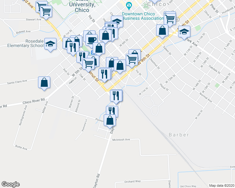 map of restaurants, bars, coffee shops, grocery stores, and more near 940 Walnut Street in Chico