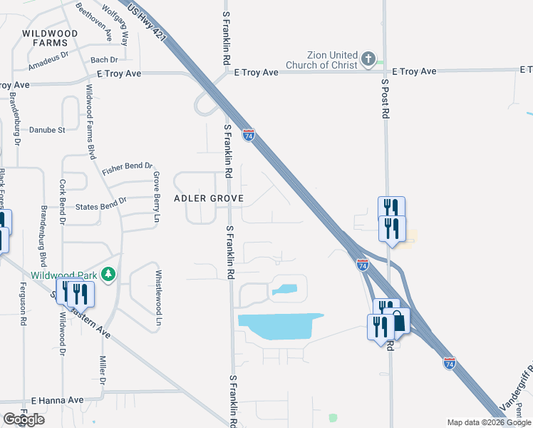 map of restaurants, bars, coffee shops, grocery stores, and more near 8515 Coralberry Lane in Indianapolis