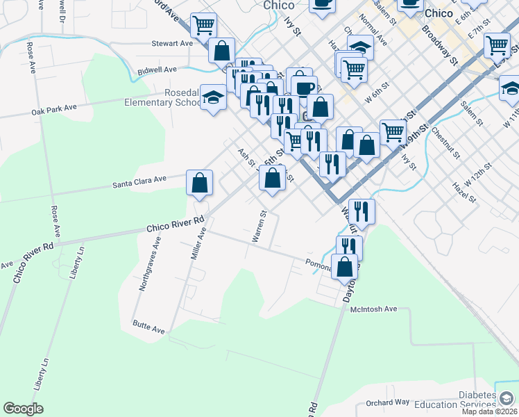 map of restaurants, bars, coffee shops, grocery stores, and more near 621 Pomona Avenue in Chico