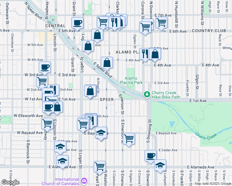 map of restaurants, bars, coffee shops, grocery stores, and more near 111 Emerson Street in Denver