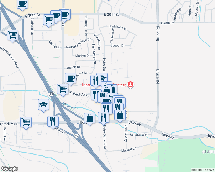 map of restaurants, bars, coffee shops, grocery stores, and more near 2 Fremont Street in Chico